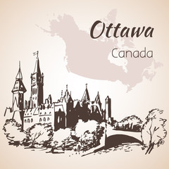 Ottawa landmarks and map. Isolated on white background