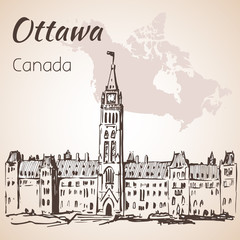The Gothic Revival Parliament Buildings Ottawa and map.