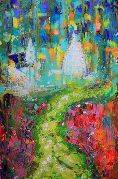 Abstract art painting of the way and churches