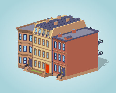 Brownstone Town House Against The Blue Background. 3D Lowpoly Isometric Vector Illustration