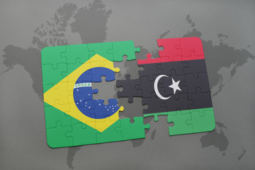 puzzle with the national flag of brazil and libya on a world map background.