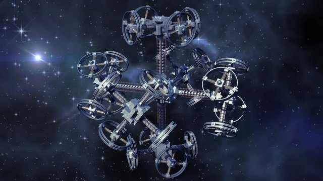 An alien spaceship with multiple gravitational wheels in interstellar travel for games, futuristic deep space travel or science fiction backgrounds