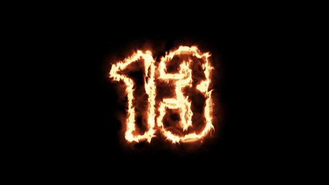 13 - Number thirteen burning hot on black background in 4k ultra HD