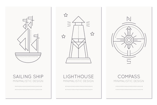 Nautical card design template with thin line style illustrations of sailing ship, lighthouse and compass rose