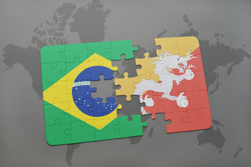 puzzle with the national flag of brazil and bhutan on a world map background.