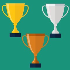 Trophy Cup Flat Icon. Golden, silver and bronze trophy cup.