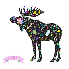 Vector image of a moose with elements berries, plants