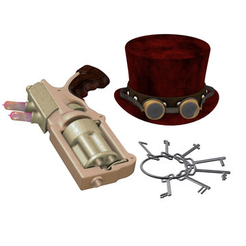 Steampunk Hat Goggles Gun Keys - A Steampunk collection of various items representing the subculture of cyberpunk.