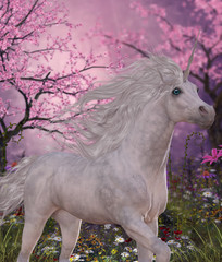 Unicorn Cherry Blossom Glen - A white Unicorn mare prances through a fairy forest full of blossoming cherry trees. © Catmando
