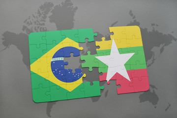 puzzle with the national flag of brazil and myanmar on a world map background.