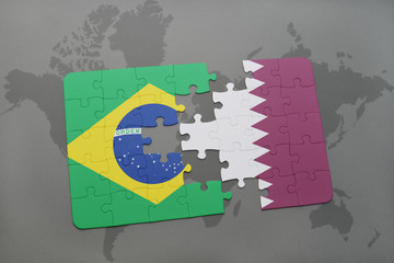 puzzle with the national flag of brazil and qatar on a world map background.