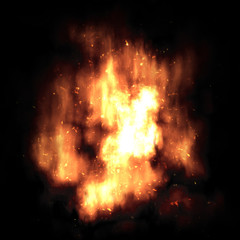 Fiery orange flame Firebolt with sparks on a black background.