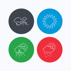 Weather, strong wind and rainy day icons.