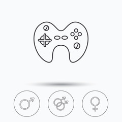 Male, female and game joystick.