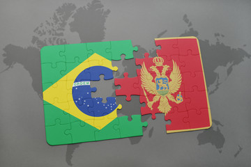 puzzle with the national flag of brazil and montenegro on a world map background.