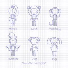 vector blue hand drawing signs of the Chinese horoscope Horse, Goat, Monkey, Rooster, Dog and Pig