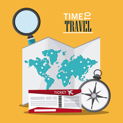 map ticket compass lupe searching time to travel vacations trip icon. Colorfull illustration. Vector graphic