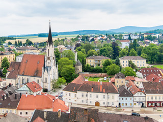 View of church and town of Melk from abbey in Wachau Valley, Lower Austria