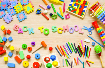 Toys and stationery for kids to play and learn / Back to school concept