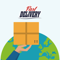 hand planet box package fast delivery shipping icon. Colorfull illustration. Vector graphic