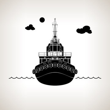 Front View of the Vessel Tugboat, Push Boat on Light Background, Silhouette Tow Boat for to Towage and Mooring of Other Courts , Vector Illustration
