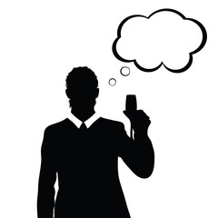 man with speech bubble and glass in hand illustration