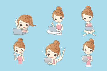 Fototapeta premium happy cartoon woman use computer