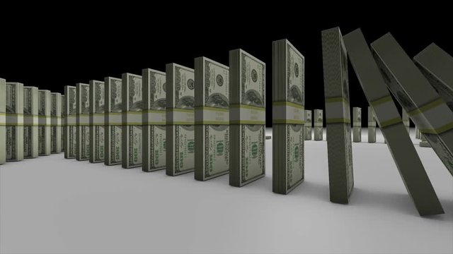 3D animation of pile of US dollar banknotes falling down and effect another one like a domino in 4k ultra HD