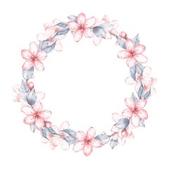 Round frame with leaves and flowers 13. Floral wreath. Watercolor painting