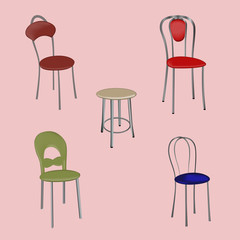 A group of detached modern design chairs on a pink background