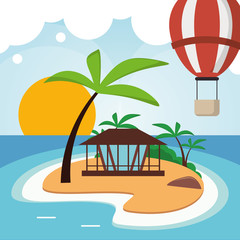 vacations hot air balloon house palm tree paradise island travel icon. Colorfull illustration. Vector graphic