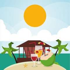 vacations house palm tree cocktail paradise island travel icon. Colorfull illustration. Vector graphic