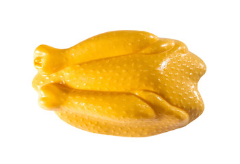 Children's toy a plastic, roast chicken isolated on white