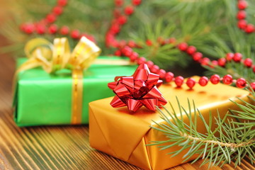 Naklejka na ściany i meble Boxes of presents in christmas decoration