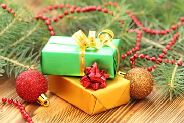 Fototapeta na wymiar Boxes of presents in christmas decoration