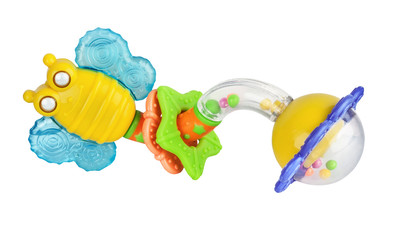Toy colorful baby rattle isolated on a white background