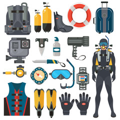 Scuba diving equipment accessories collection. Diver man in underwater wetsuit. Underwater hunting and swimming sport.