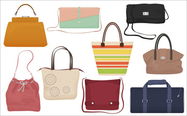 Woman fashion bags collection. Casual female handbag front isolated icons set.