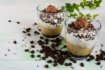 Chocolate milkshake with whipped cream on light green background