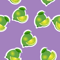 Pattern. lime and leavesand slices same sizes on purple background.