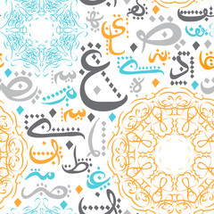 Seamless pattern with Arabic calligraphy and ornate mandala. Concept design for muslim community festival Eid Al Fitr(Eid Mubarak)(Translation: thank god). Vector illustration