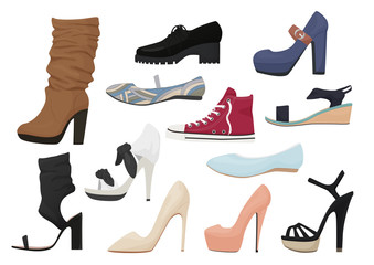 Woman shoes isolated set. Female girl season shoes icons collection.
