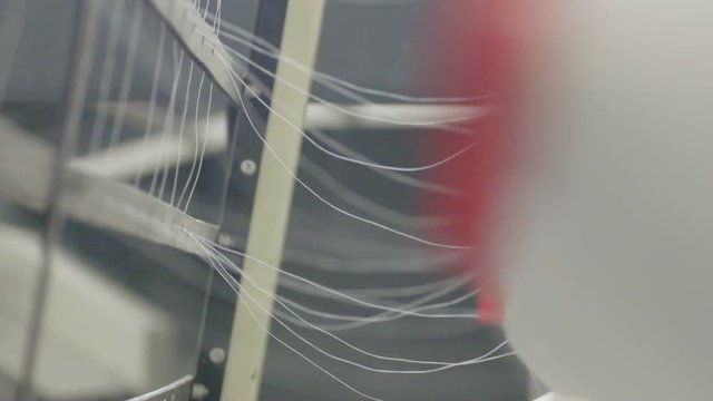 Spool of white thread on the textile manufacture