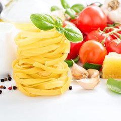 Fettuccine closeup with vegetable ingredients