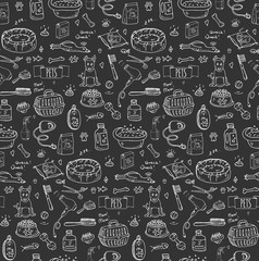 Seamless pattern hand drawn doodle Pets stuff and supply icon set. Vector illustration. Symbol collection. Cartoon dog and cat care elements: leash, food, paw, bowl, bone and other goods for pet shop