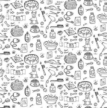Seamless pattern hand drawn doodle Pets stuff and supply icon set. Vector illustration. Symbol collection. Cartoon dog and cat care elements: leash, food, paw, bowl, bone and other goods for pet shop