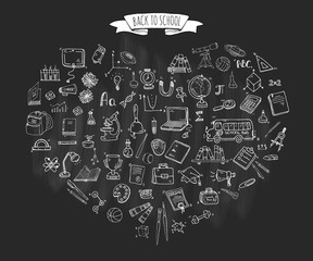 Hand drawn doodle Back to school icons set Vector illustration educational symbols collection Cartoon various learning elements: Laptop; Lunch box; Bag; Microscope; Telescope; Books; Pencil Sketch bus