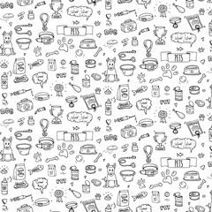 Seamless pattern hand drawn doodle Pets stuff and supply icons set. Vector illustration. Vet symbol collection. Cartoon dogs care elements: leash, food, paw, bowl, bone and other goods for pet shop