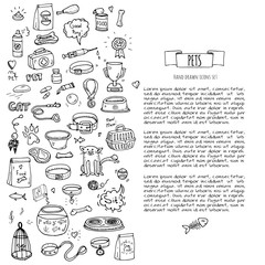 Hand drawn doodle Pets stuff and supply icons set. Vector illustration. Vet symbol collection. Cartoon dogs care elements: kennel, leash, food, paw, bowl, bone and other goods for pet shop