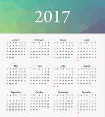 Calendar 2017. Week starts from Sunday.